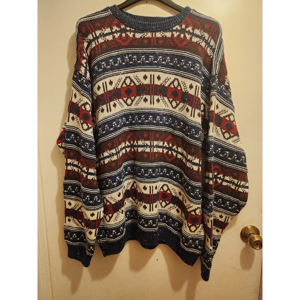 Vintage Chaps Ralph Lauren Mens Southwestern Grandpa Cotton Sweater Navy Red L